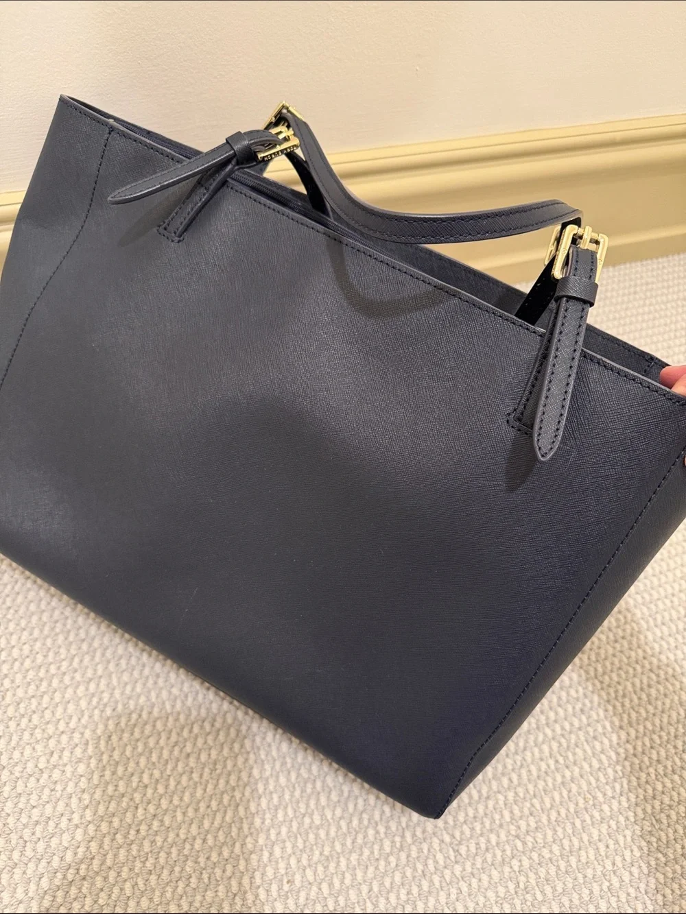 Tory Burch Navy Leather Double-Handle Tote with Gold Logo